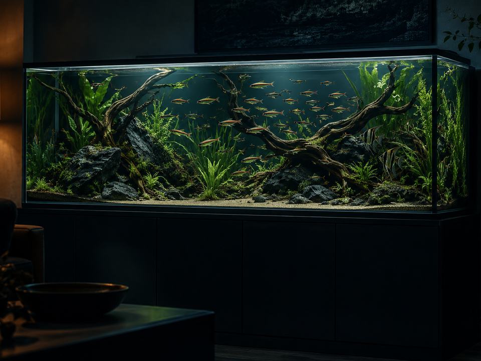 A six foot planted aquarium with a large school of fish