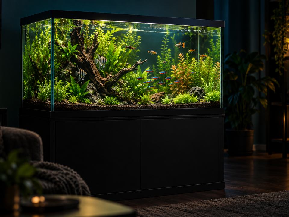 A planted community aquarium on a black stand