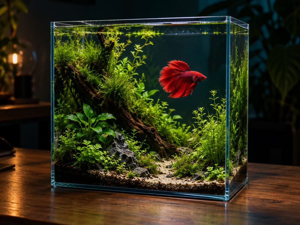 A small planted desk aquarium with a red betta