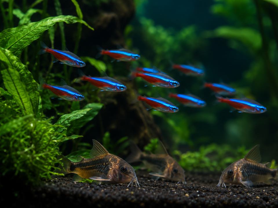 Neon tetras and corydoras catfish in a planted tank